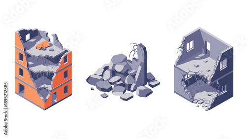 Isometric style urban ruins and collapsed buildings set in flat design