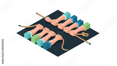 Teamwork collaboration concept with hands pulling rope in isometric design