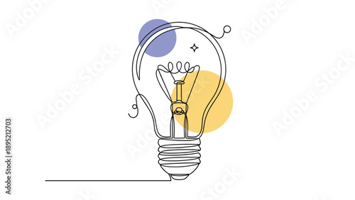 Bright idea and creativity concept represented by a detailed line art light bulb with blue and yellow decorative color spots.