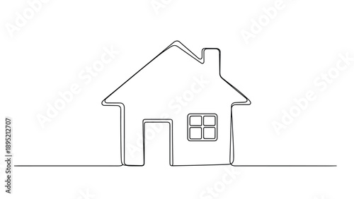 Minimalist house icon is depicted in a continuous line drawing style, representing concepts of home, real estate, and residency.