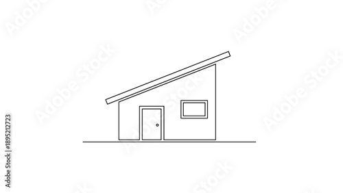 Basic architectural drawing of a modern house with a sloped roof a door and a window shown in a clean black line art style.