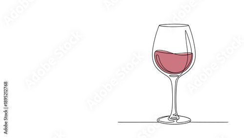 Single glass filled with red wine is rendered in a minimalist continuous line drawing, symbolizing celebration, relaxation and fine dining.