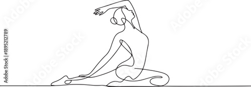Minimalist line art illustration depicting a woman practicing yoga gracefully in white backdrop.one line vector illustration with white background