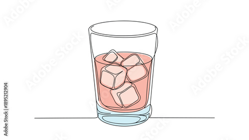 Glass filled with a red drink and ice cubes is rendered in a minimalist continuous line drawing style for refreshing beverage concepts.