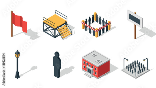 Isometric urban icons: people, building, and infrastructure elements