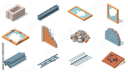 Isometric construction elements with cracked walls and shattered windows
