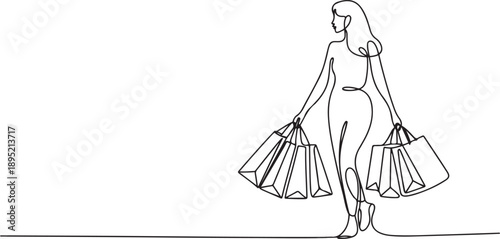 Continuous one line drawing of a woman holding paper bags after shopping.one line vector illustration with white background