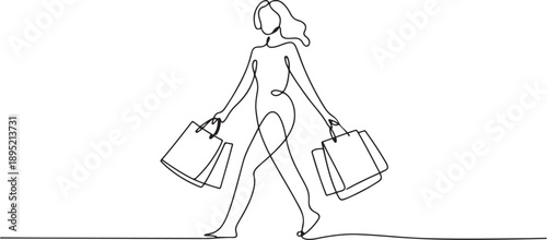 Continuous one line drawing of a woman holding paper bags after shopping.one line vector illustration with white background