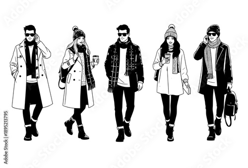 Trendy Autumn Winter Streetwear Characters Walking and Standing Urban Fashion Vector Collection on White Background
