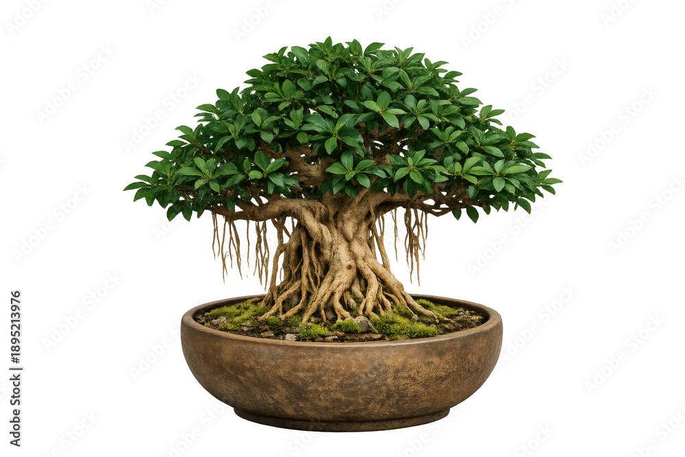 Fototapeta premium Bonsai banyan tree showing aerial roots in a ceramic pot, representing zen, growth, harmony, and patience on transparent background