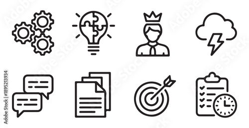Business management strategy icons set with linear style gears lightbulb king and success elements