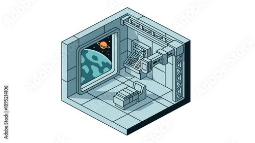 Isometric space station interior with planet view and control panel design