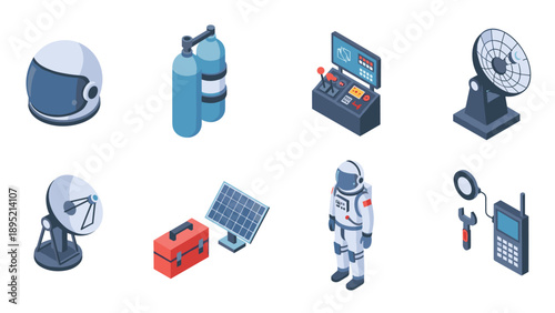 Isometric space equipment and astronaut icons: helmets, controls, solar panel, toolkit, communication gear