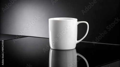 Minimalist White Ceramic Mug on Reflective Black Surface