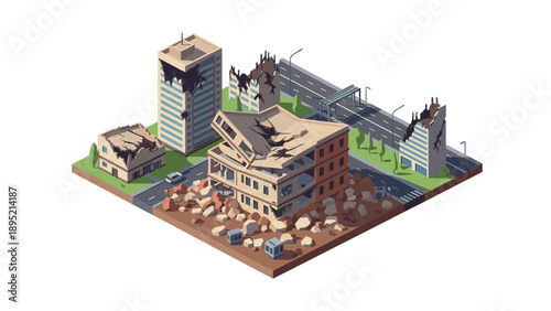 Isometric city scene showing earthquake damage on buildings