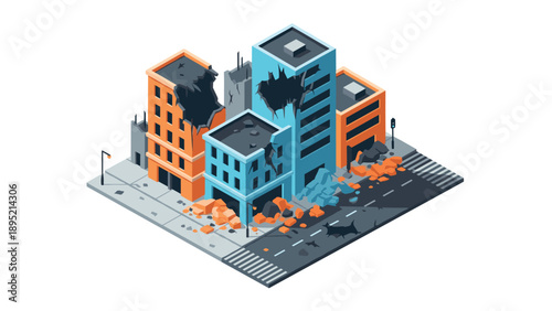 Urban earthquake damage isometric 3d concept with collapsed buildings and debris on street