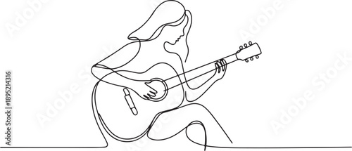 Modern drawing of woman with a guitar.one line vector illustration with white background