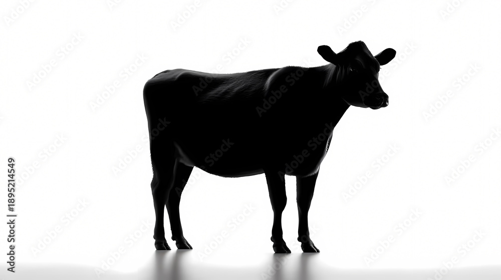 Fototapeta premium Silhouette of a Majestic Cow: A striking silhouette of a powerful cow stands gracefully against a contrasting backdrop. This minimalist photograph emphasizes the animal's form.