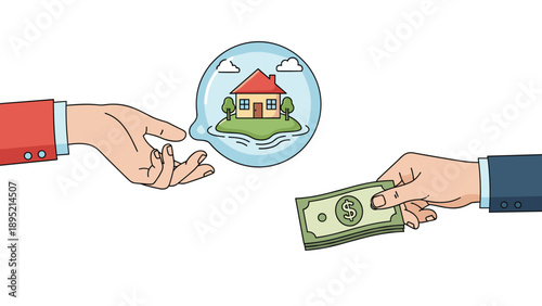 Hands of two professionals exchanging cash for a house shown in a speech bubble, real estate transaction and property buying or selling concept.