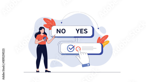 Young woman standing and making choice between yes and no options on a digital touch interface, decision making and survey participation concept.