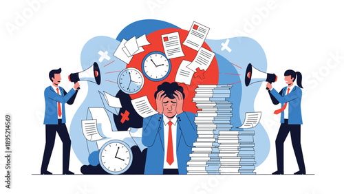 Stressed businessman overwhelmed by work pressure and deadlines with colleagues shouting through megaphones, mental health and burnout concept.