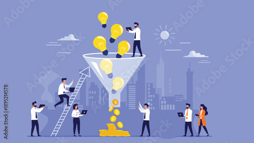 Team of professionals putting light bulbs into a large funnel to generate gold coins, innovation and business monetization strategy illustration.