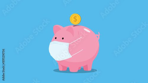 Large pink piggy bank wearing a medical face mask with a gold coin being deposited, financial protection and economic crisis concept illustration.