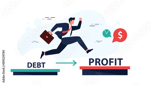 Businessman jumping from a platform labeled debt to one labeled profit, financial recovery and business success milestone concept illustration.