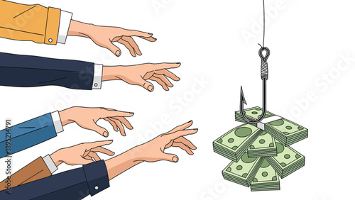 Multiple hands reaching for a bunch of banknotes hanging on a fishing hook, financial temptation and deceptive bait concept vector illustration.