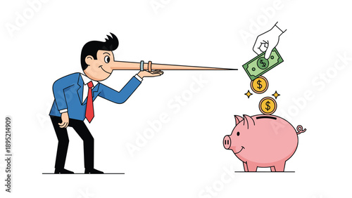 Pinocchio style businessman with a long wooden nose putting money into a piggy bank, financial deception and dishonest business concept vector.
