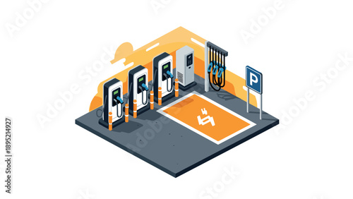 Electric car charging station isometric design with multiple chargers and parking sign