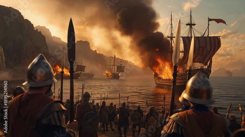 Ancient Soldiers Watching Fleet of Burning Ships at Sunset Conceptual Scene