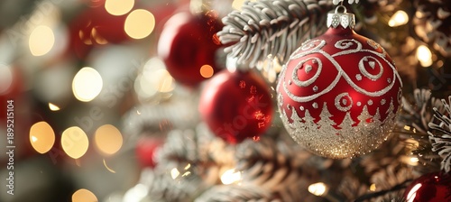 Detailed close up of colorful christmas tree ornaments and lights for a cozy holiday atmosphere