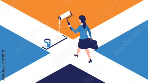 Businesswoman painting a white path across a blue and orange background, paving her own way and career direction strategy concept illustration.