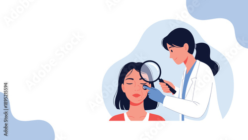 Dermatologist examining a female patient's facial skin with a magnifying glass, skincare diagnosis and medical checkup concept vector illustration.