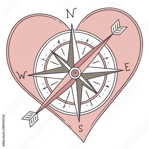 Heart-shaped compass with needle pointing inward, symbolizing introspection, self-guidance, and finding love within.
