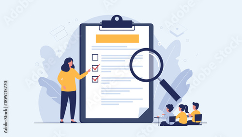 Female teacher showing a large checklist on a clipboard to students in a classroom, evaluation and educational assessment concept illustration.