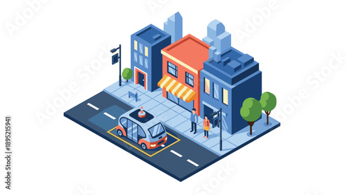 Charming urban isometric street scene with colorful buildings and autonomous car