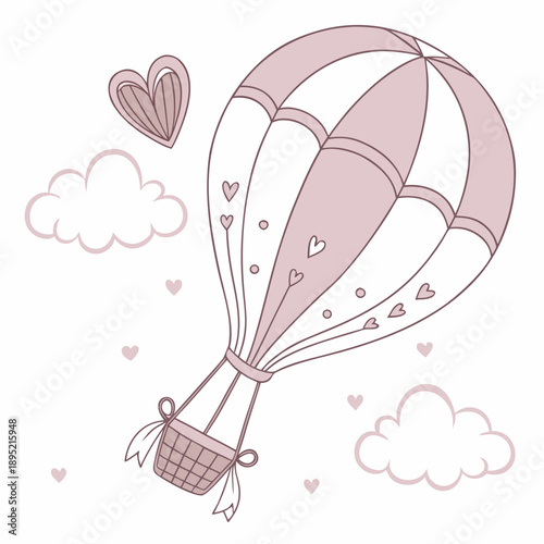 Heart-shaped hot air balloon gently floating in soft, gentle light, symbolizing dreams and romantic journeys.