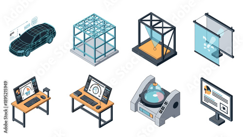 Isometric technology and engineering: computers, hologram, 3d printing, and more