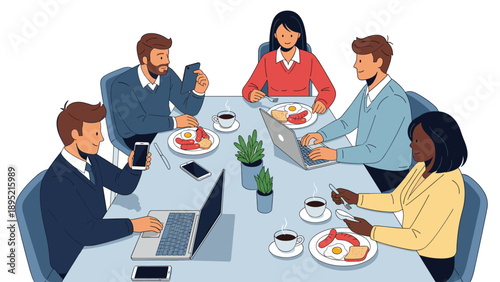 Diverse group of business professionals having a working lunch with laptops and coffee, collaborative team meeting concept vector illustration.