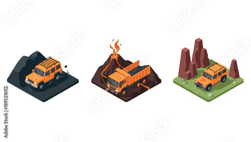 Adventure vehicles and volcanic terrain in isometric style
