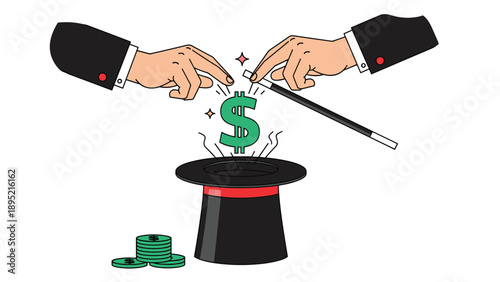 Magician hands pulling a green dollar sign out of a top hat with a wand, financial miracles and wealth creation concept vector illustration.