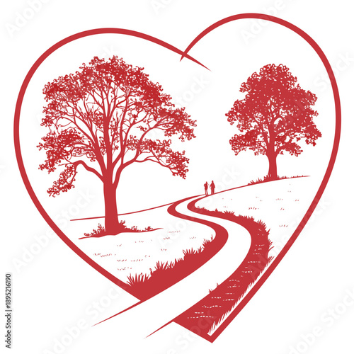 Conceptual vector art showing a heart-shaped path receding into the distance, representing a journey of love.