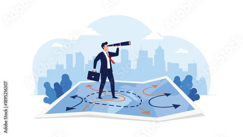 Businessman with a telescope standing on a large map with multiple arrows, global business strategy and future planning concept illustration.