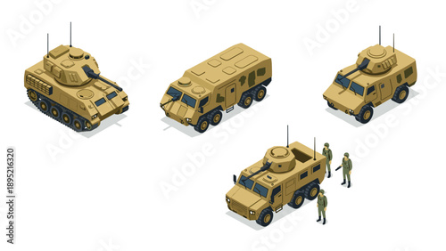 Isometric military vehicles set with army personnel in desert camouflage
