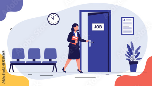 Businesswoman entering a door labeled job in a waiting room with empty chairs, career hunting and employment opportunity concept illustration.