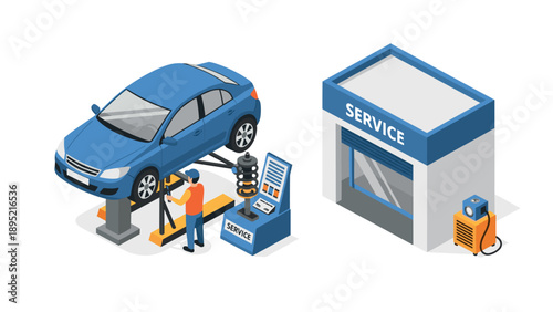 Isometric car repair scene with auto lift and service garage elements in blue