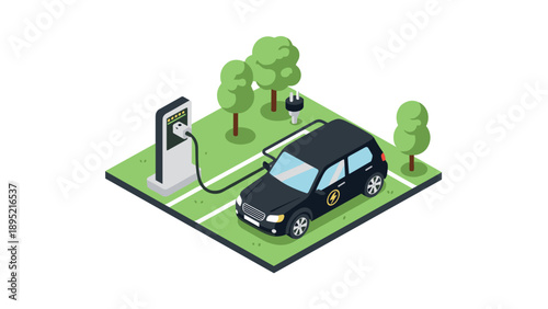 Isometric electric car charging station with eco-friendly design