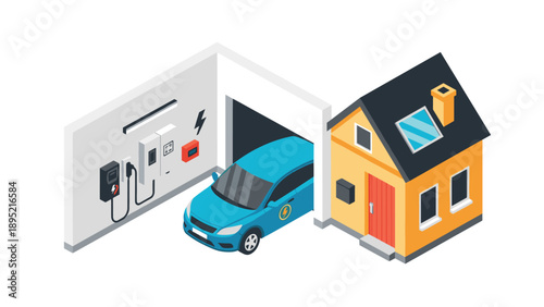 Electric car charging at home garage with modern charging station in isometric design